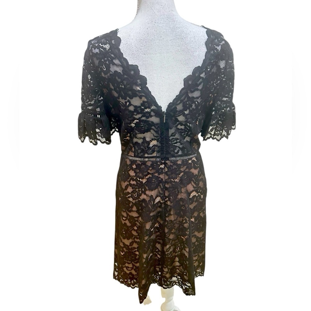 NWT Rebecca Taylor Black Lace Dress v back ruffle short sleeve size 8 - Picture 12 of 16